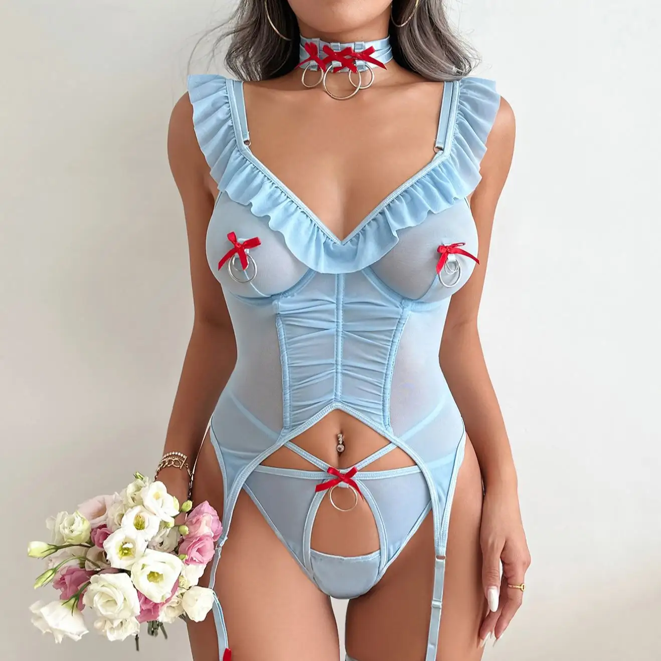 Deep Love Light Blue Extreme Super Sexy Bikini Lingerie Tanga Ith Leg Suspender Red Mini Bow Decoration Erotic Clothes