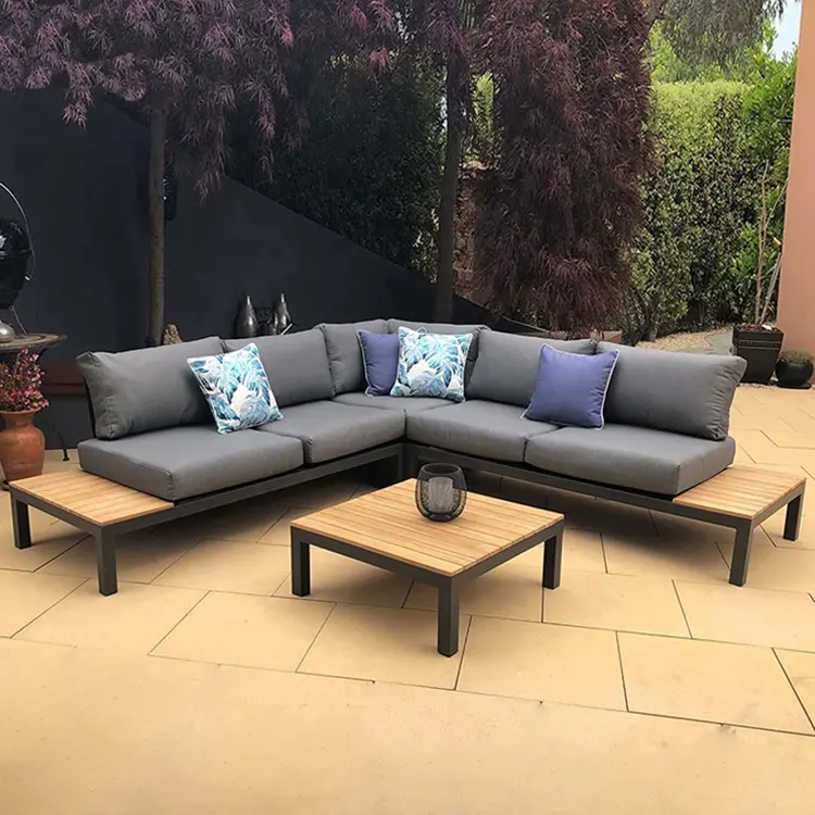 Luxe moderne paresseux imperméable aluminium teck bois ensemble d'angle canapé patio mobilier de jardin en aluminium sièges canapé