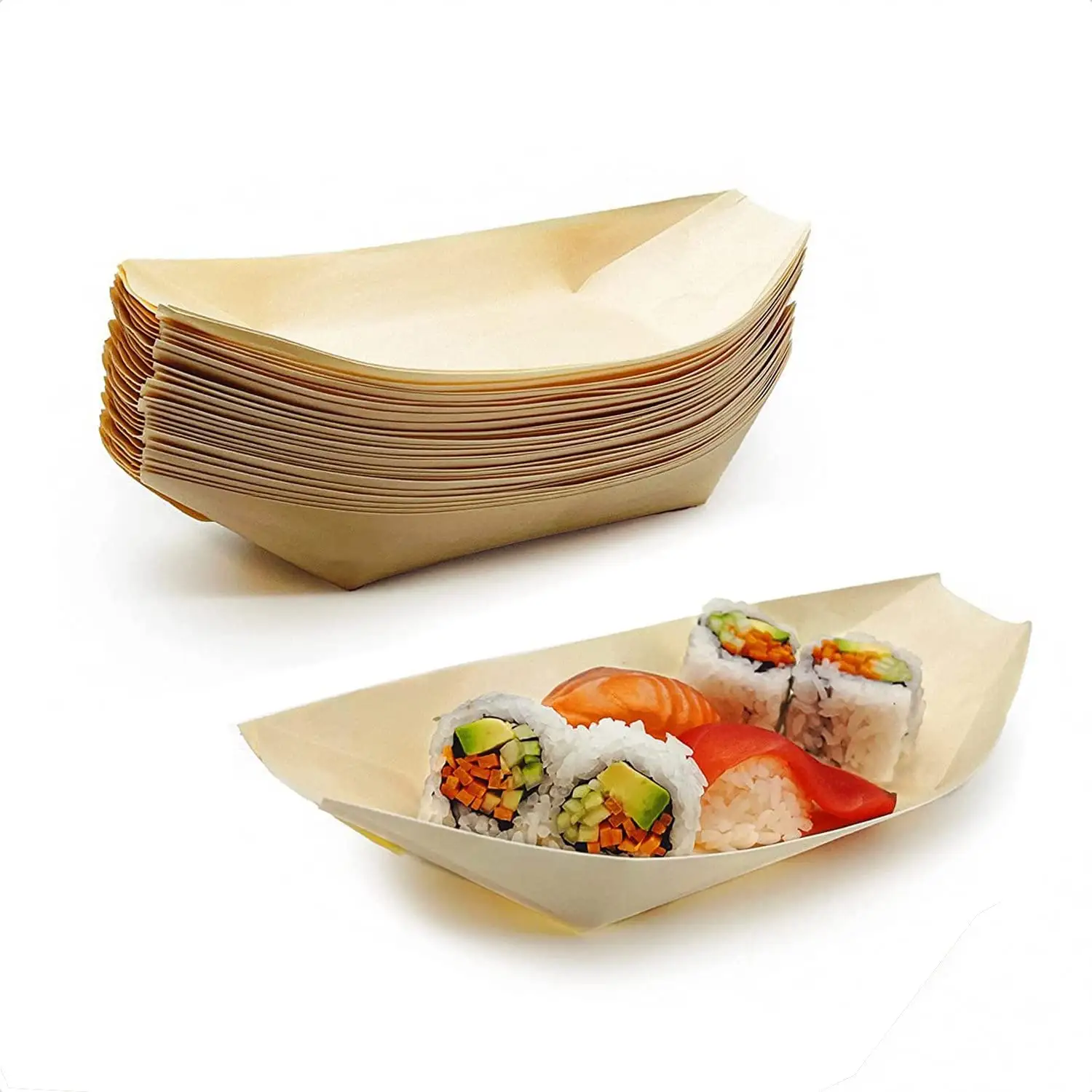 Disposable Mini Wooden Sushi Boat Plates Sushi Serving Tray Dishes Leaf Boat Food Container Bowl for Catering