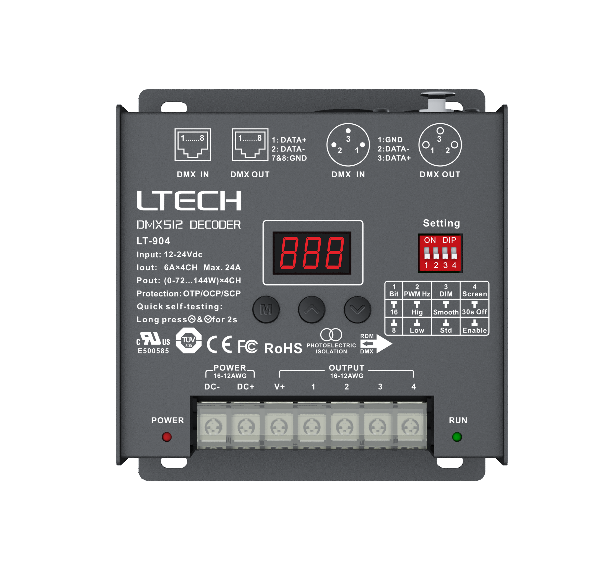 LT-904/RGBW16bit 6A*4CH Máx. 24A Máx. 576W
