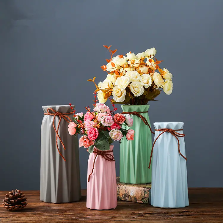 Jarrones de flores secas para escritorio jarrón decorativo de cerámica esmerilada con lazo, jarrón de boda, superficie de papel plegable, macetas