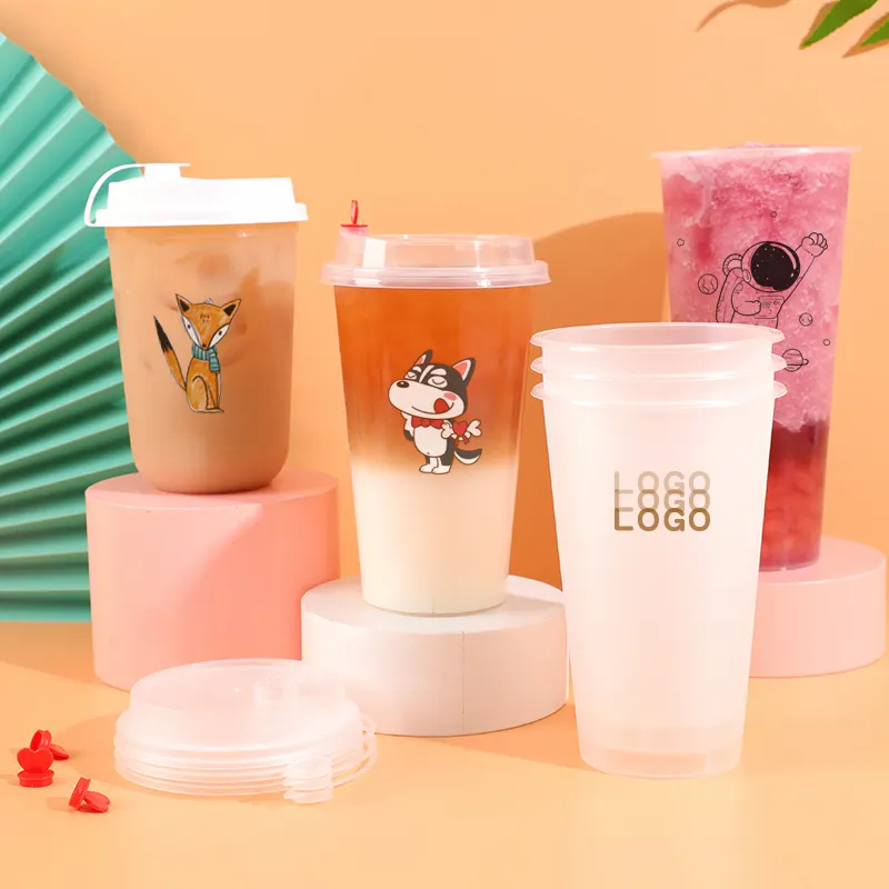 Plastic cups with logo custom logo printed 16OZ 24OZ 32OZ milk tea cup disposable pp clear plastic cup