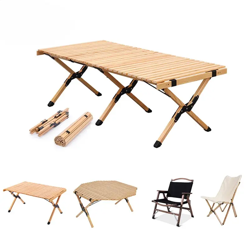 OEM produttore esterno ultraleggero arrotolare Mini in alluminio BBQ legno portatile Picnic rotondo facile piegare campo tavolo e sedia Set