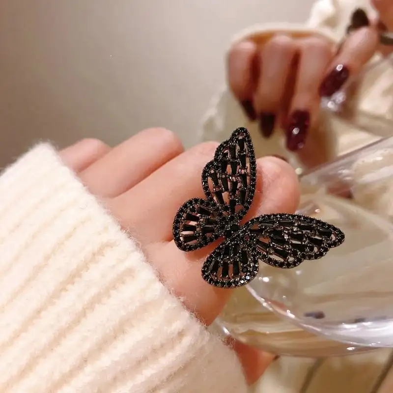 Anéis abertos de borboleta cristal preto, moda, jóias, festa, anel exagerado para mulheres