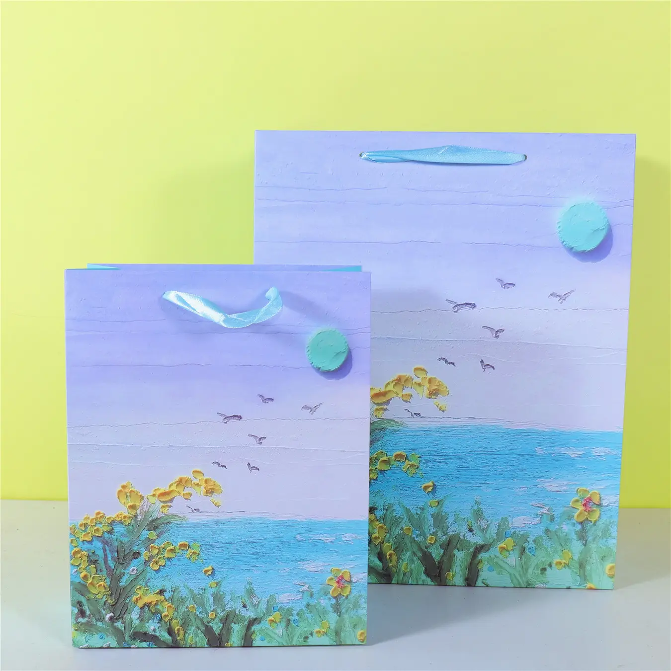 Небесно-голубой художественный бумажный пакет, картина маслом, цветочный узор, Подарочная сумка для покупок