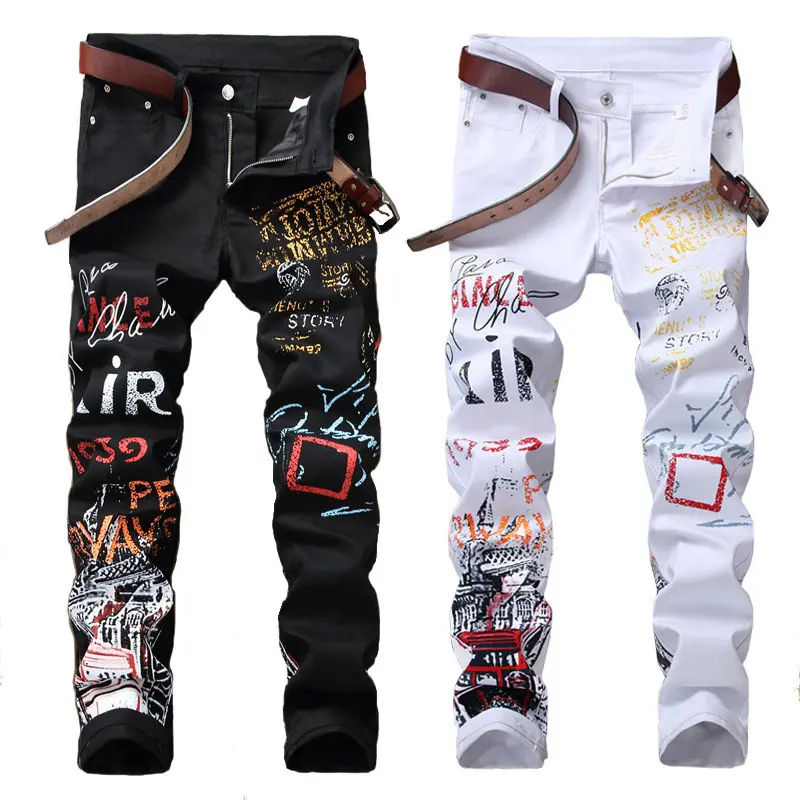 Calça jeans masculina estampada, barata, branca, hip hop, estampa completa, slim, para homens