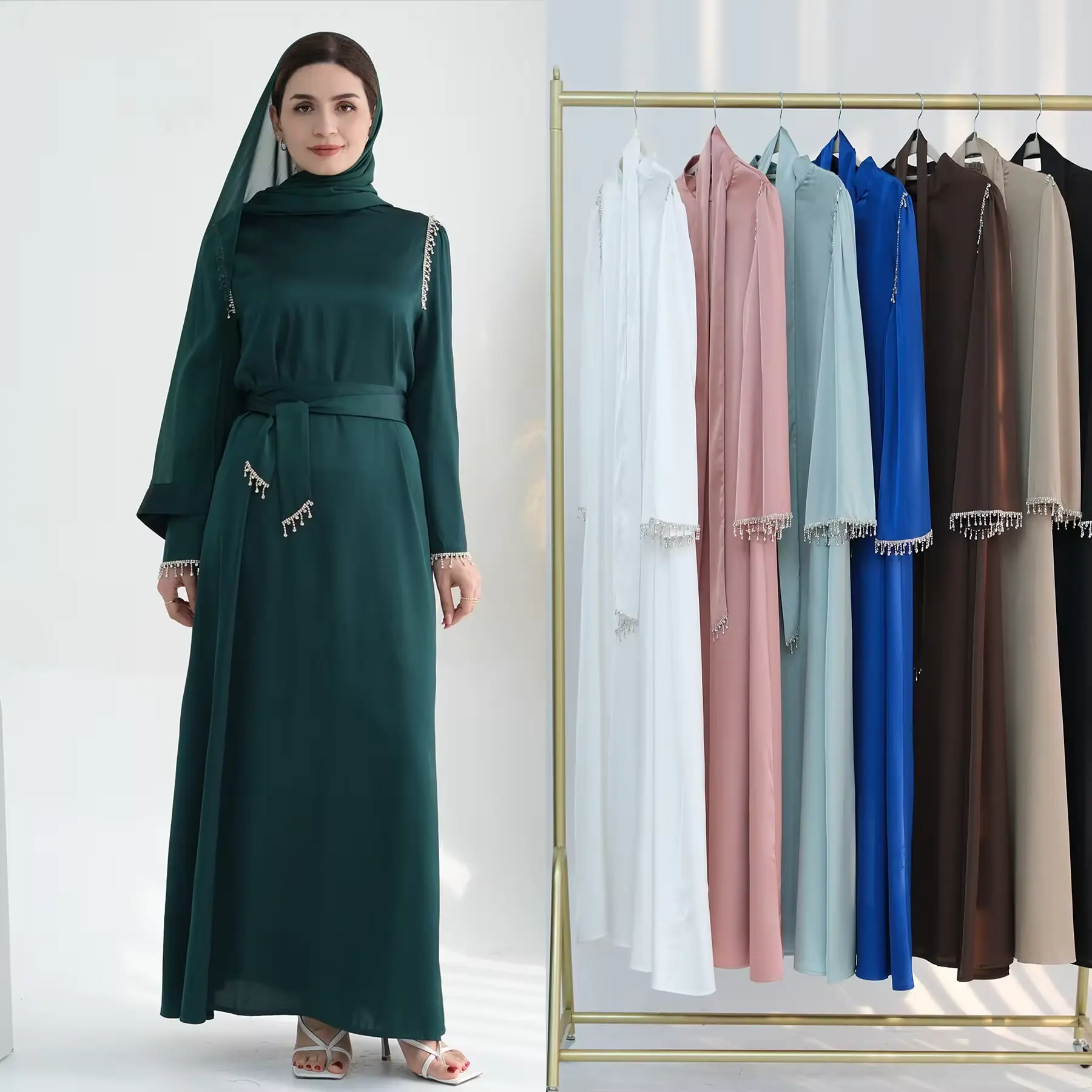 J-15 Design islamisch elegant bescheiden individuell damen muslimisches Kleid Abaya Kristall Tassel Satin Seide Abaya