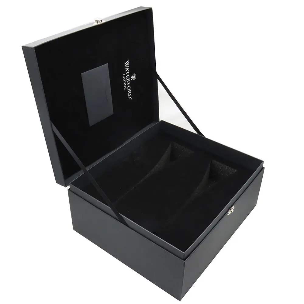 Commercio all'ingrosso su ordinazione inserto in schiuma rigida set up wibalin nero scatola di carta per oggetti di vetro