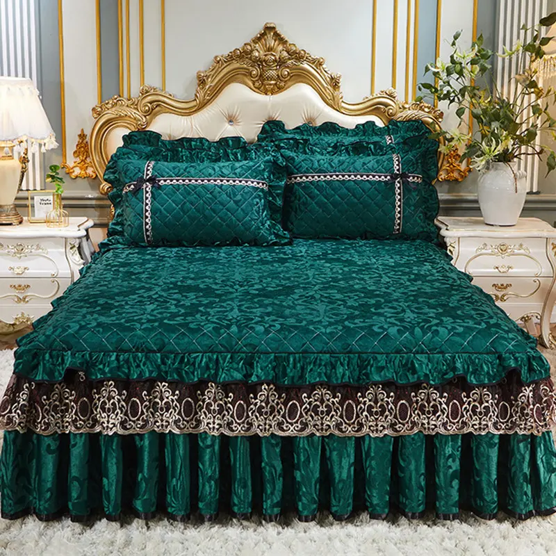 European Style Velvet Lace embroidery Bed Skirt Padded Quilted Bedspread Bedding Set