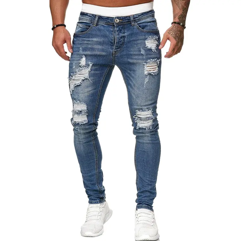 Jeans angustiado dos homens, slim fitting, elástico e desgastado jeans perna reta