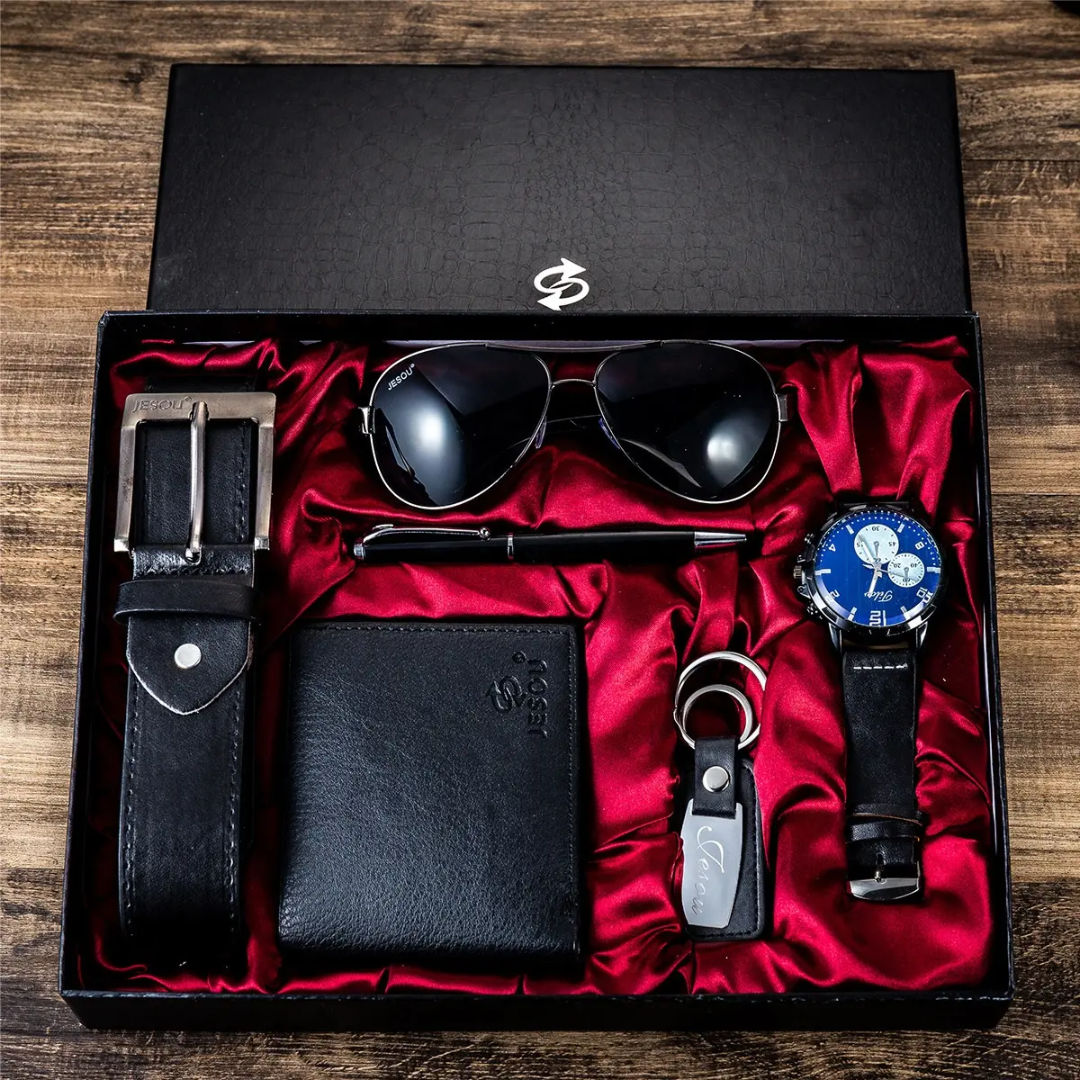 GT05 yeni varış iş erkek hediye seti 6 parça deri kemer cüzdan kalem anahtarlık güneş gözlüğü büyük arama kuvars saatler