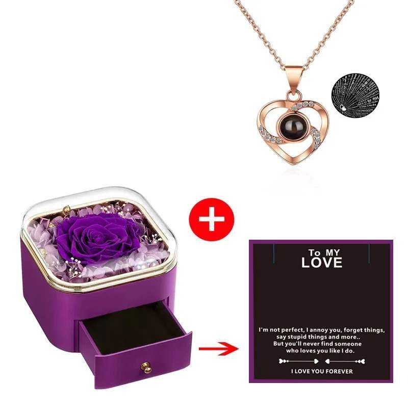 Silver necklace+Purple box+card