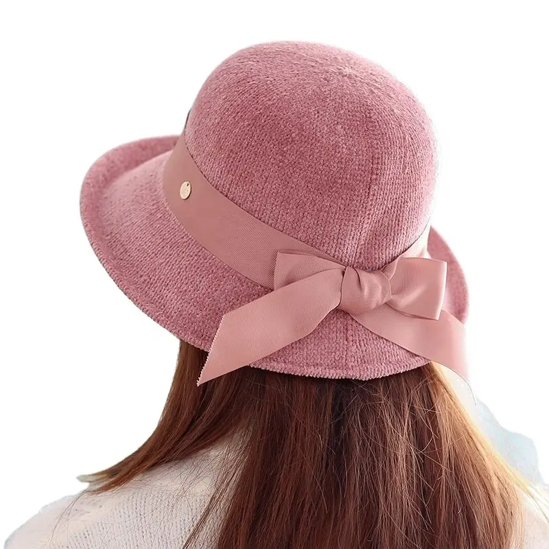 Chapeau pliable en Chenille tricoté pour femmes, nouveau, chapeau chaud et doux, avec nœud papillon, idéal pour l'hiver