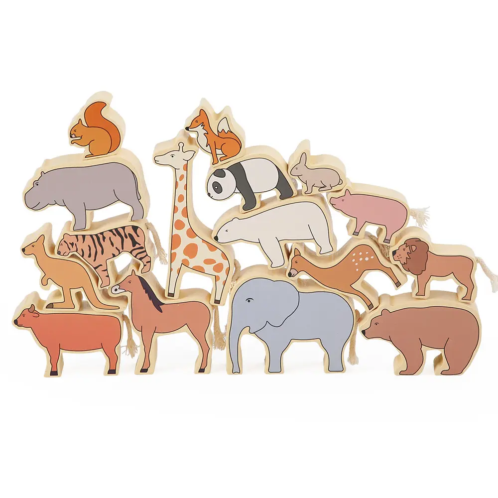 Figuras de animales artesanales para niños, animales de León, elefante, juguete de equilibrio de animales de madera de Punta abierta, 16 Uds.