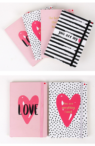 Juego de libreta a rayas y puntos, caja de regalo con forma de corazón, diario, tapa dura personalizable, negro y blanco