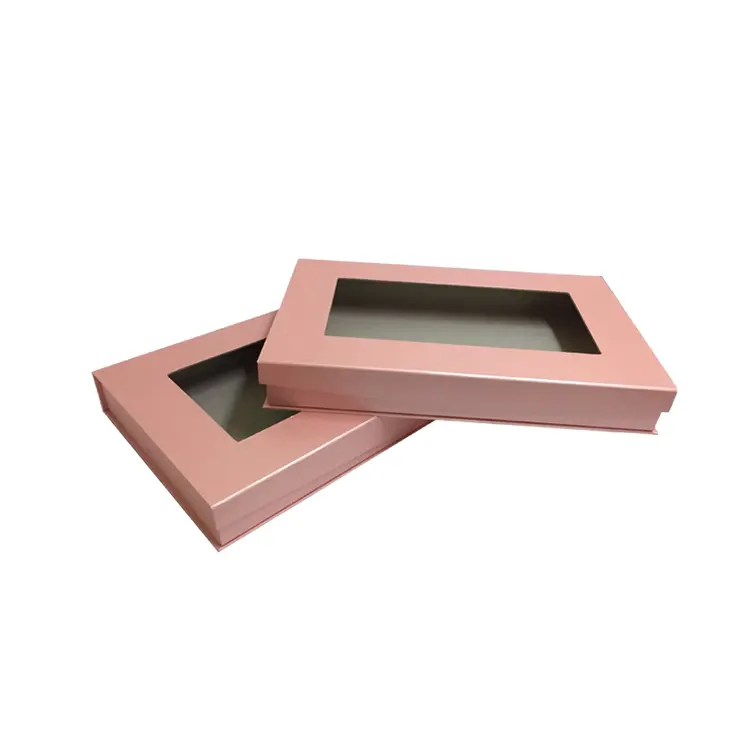 Grosir kotak bulu mata merah muda kosong dengan Logo kertas untuk kemasan bulu mata desain jendela lapisan UV timbul dan laminasi Matt