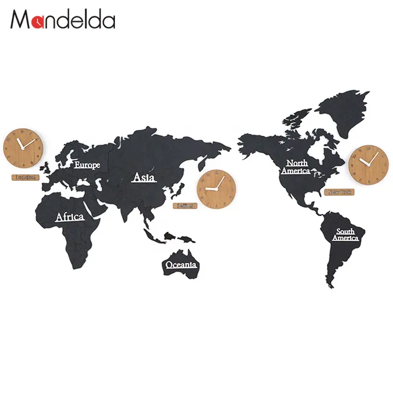 Mandelda-reloj con diseño de mapa del mundo, grande, moderno, creativo, de MDF, personalizado, para decoración del hogar