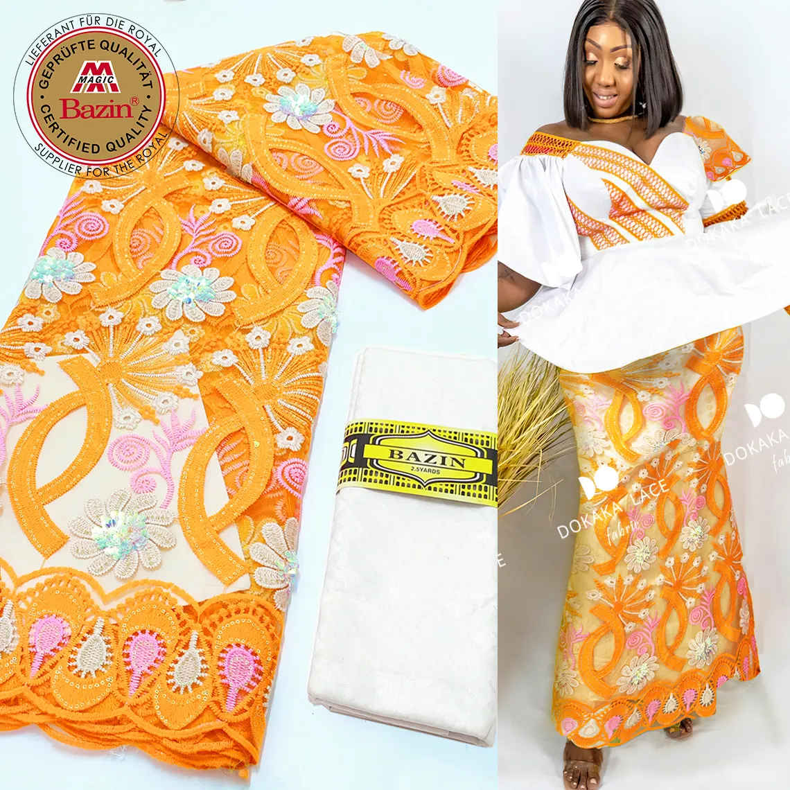 Bazin Riche nijeryalı afrika düğün gelin elbiseler ile turuncu Sequins tül Net dantel dikiş malzemesi payetli örgü havza kumaş