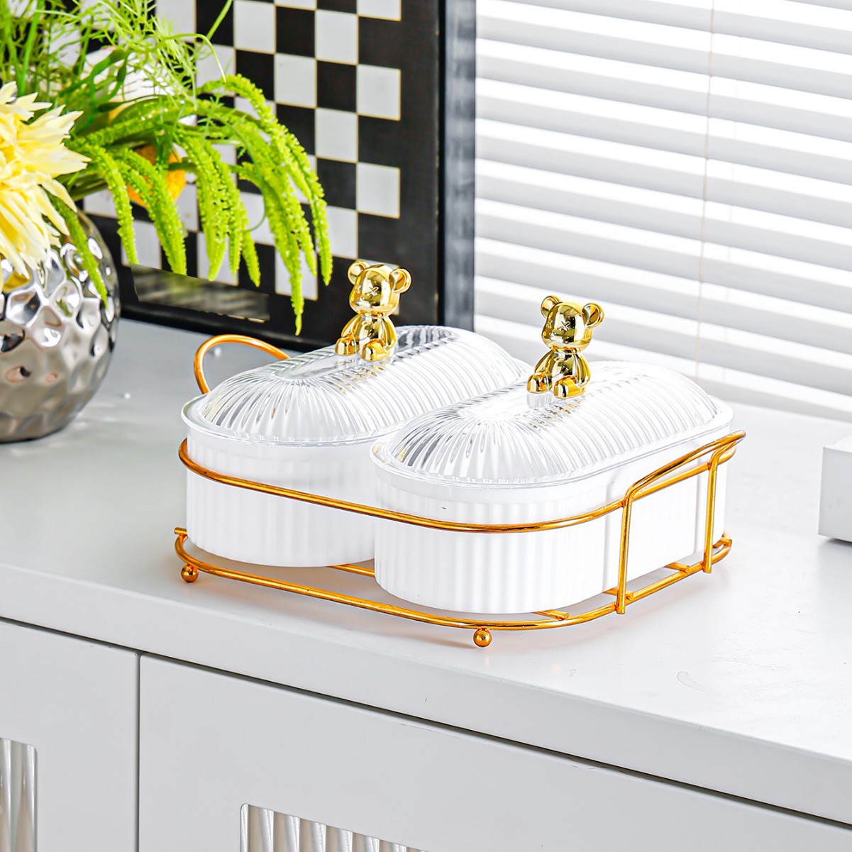 Bear Gold Stand - White Large Oval Plate - 2 Compartments
