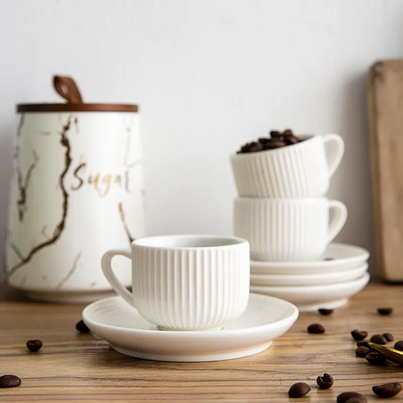 Minimalist embossed surface custom printed ceramic matte white tea cups and saucers espresso cups