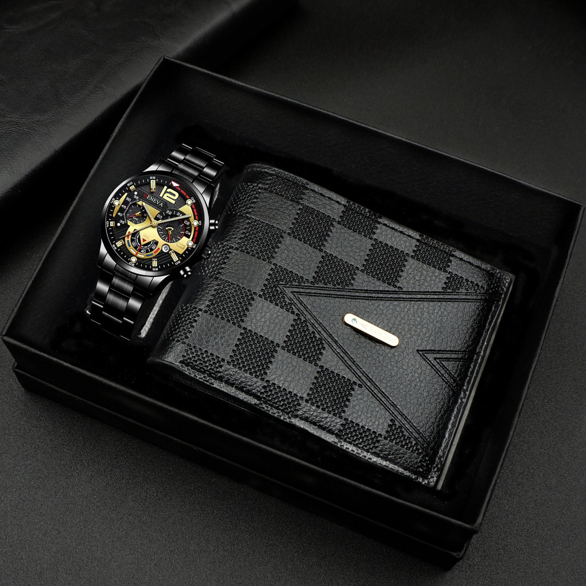 Black gold watch + wallet + gift box
