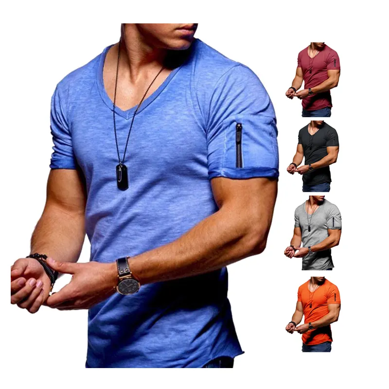 Mens कसरत संकुचित जिम प्रशिक्षण शरीर सौष्ठव स्नायु फिटनेस वी कॉलर टी शर्ट