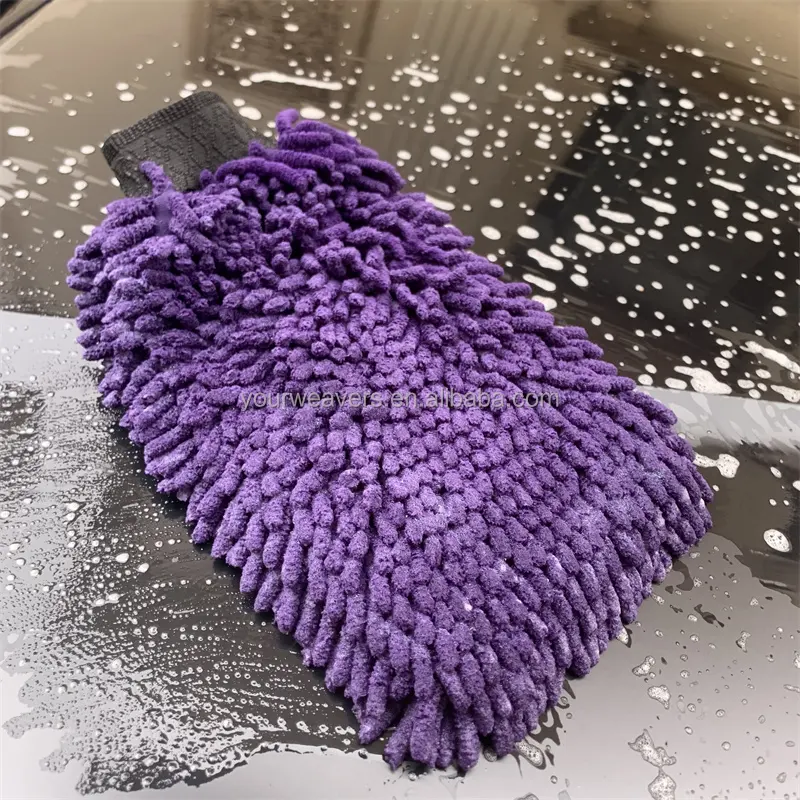 Wholesale Purple Car Wash Mitt Microfiber Chenille Custom Logo Car Auto Cleaning Gloves for Car Detailing Buffing Polishing