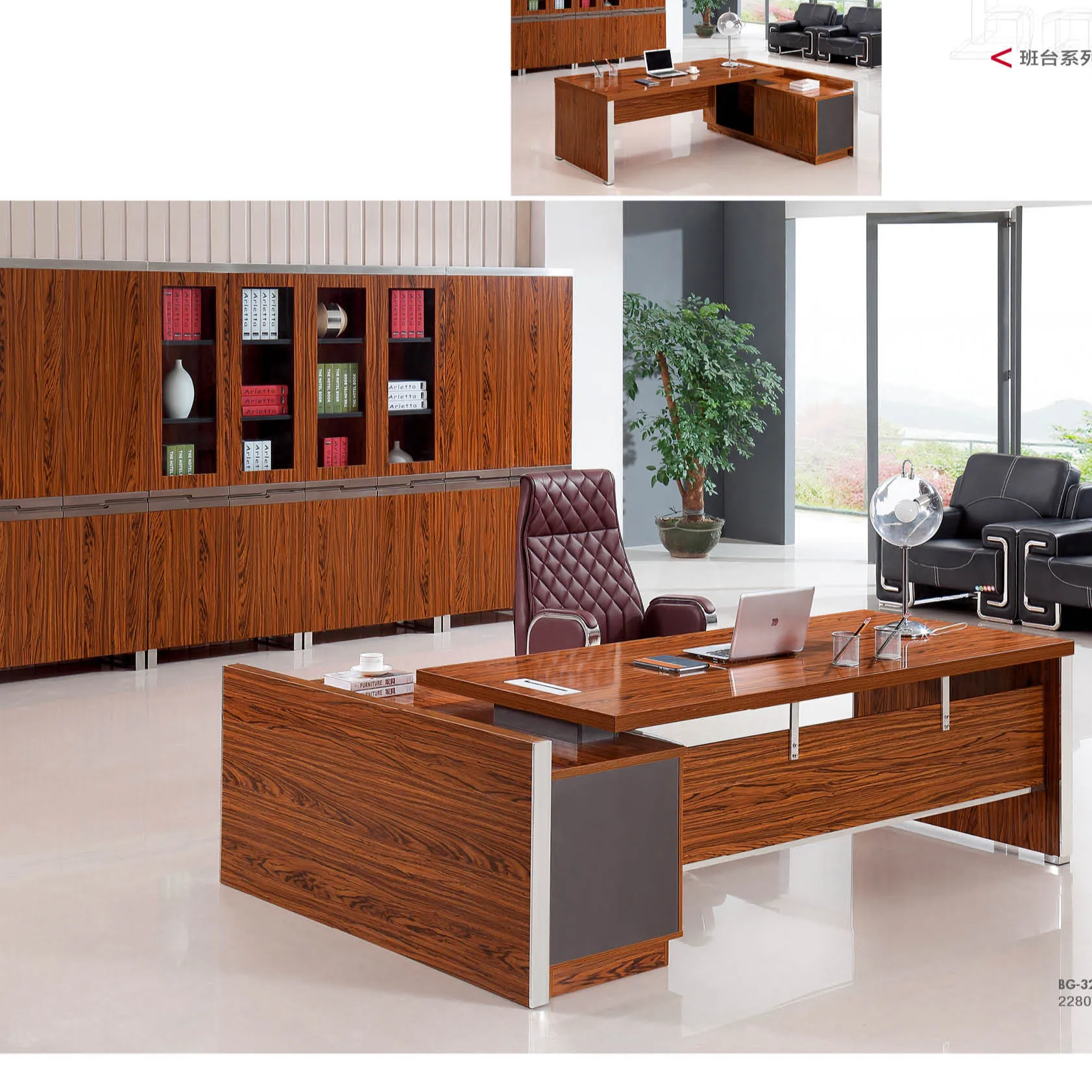 Muebles de oficina de moda china, venta directa de fábrica, panel de madera de grano en forma de L, escritorio de jefe