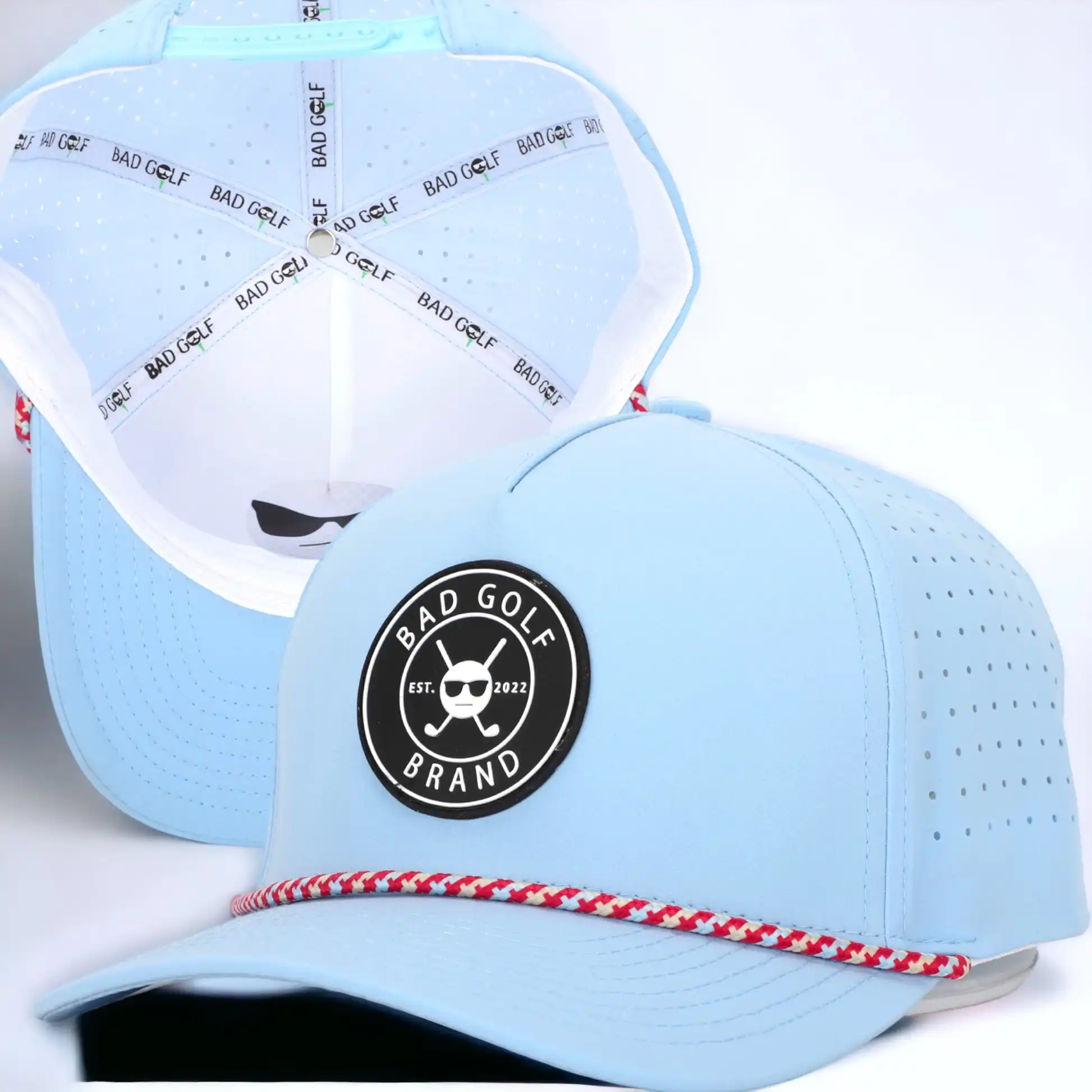 Nueva moda personalizada PVC parche Logo 5 paneles impermeable poliéster deporte Golf sombrero, corte láser perforado papá Gorras, cuerda gorra de béisbol