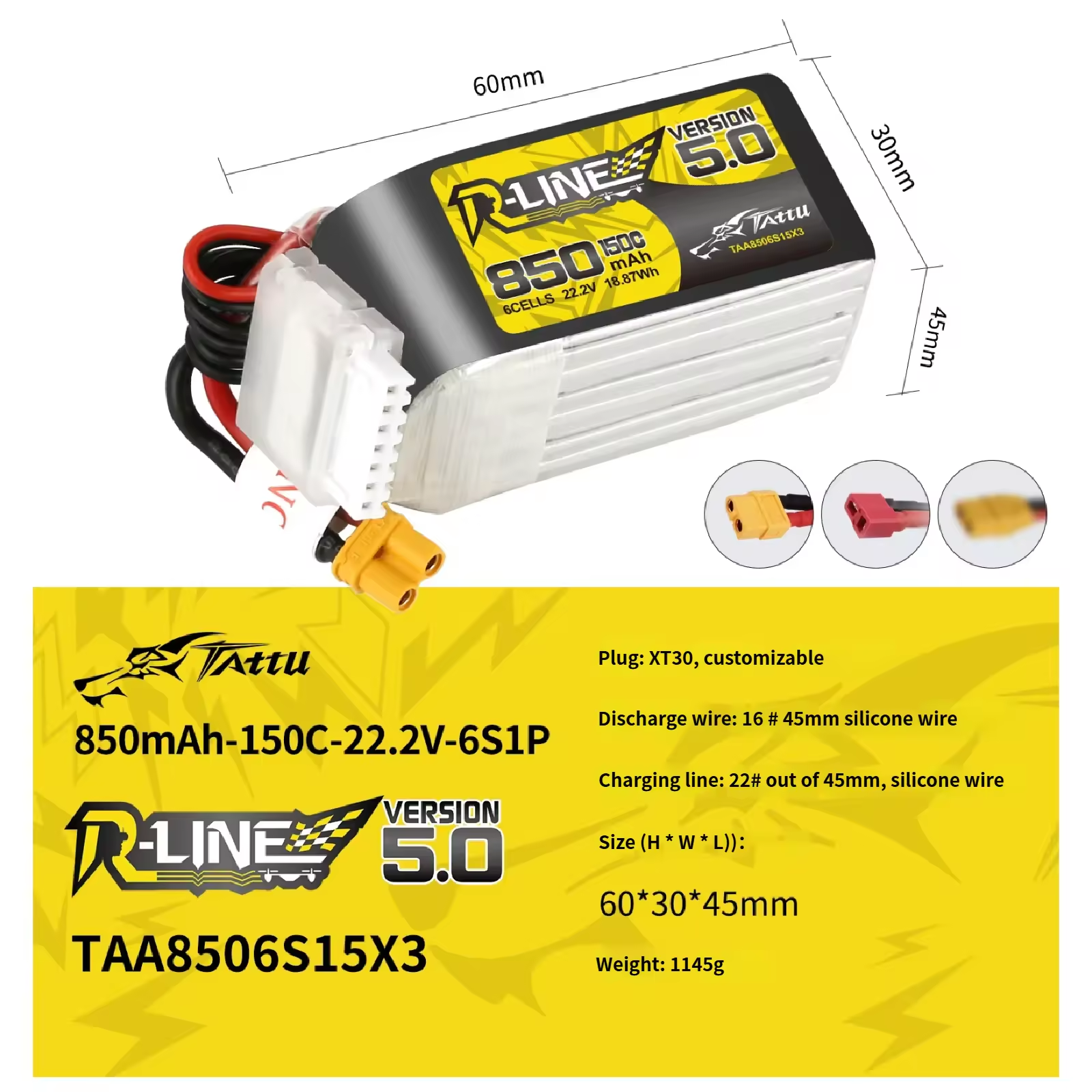 850mAh-150C-22.2V-6S1P-XT30