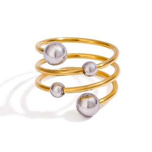 Fashionable and Versatile Titanium Steel Ring, Stainless Steel Gold and <strong>Silver</strong> Color Blocked Spherical Multi-Layer Open Ring - Product Image 6