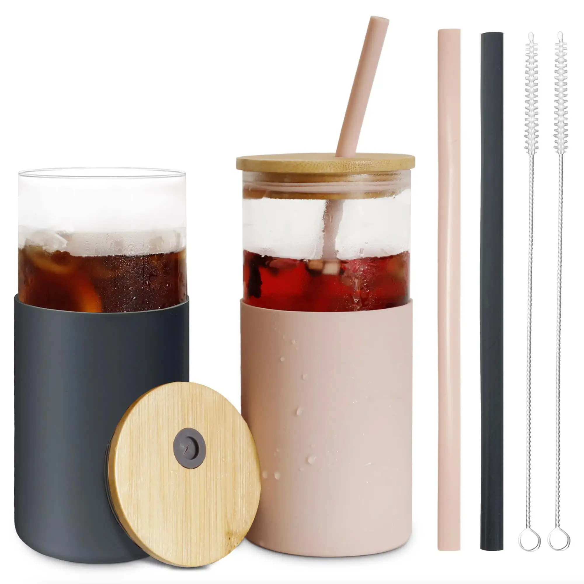 짚과 대나무 뚜껑이있는 20 온스 텀블러 유리 물병 스무디 컵 실리콘 보호 실리콘 슬리브 아이스 커피 컵