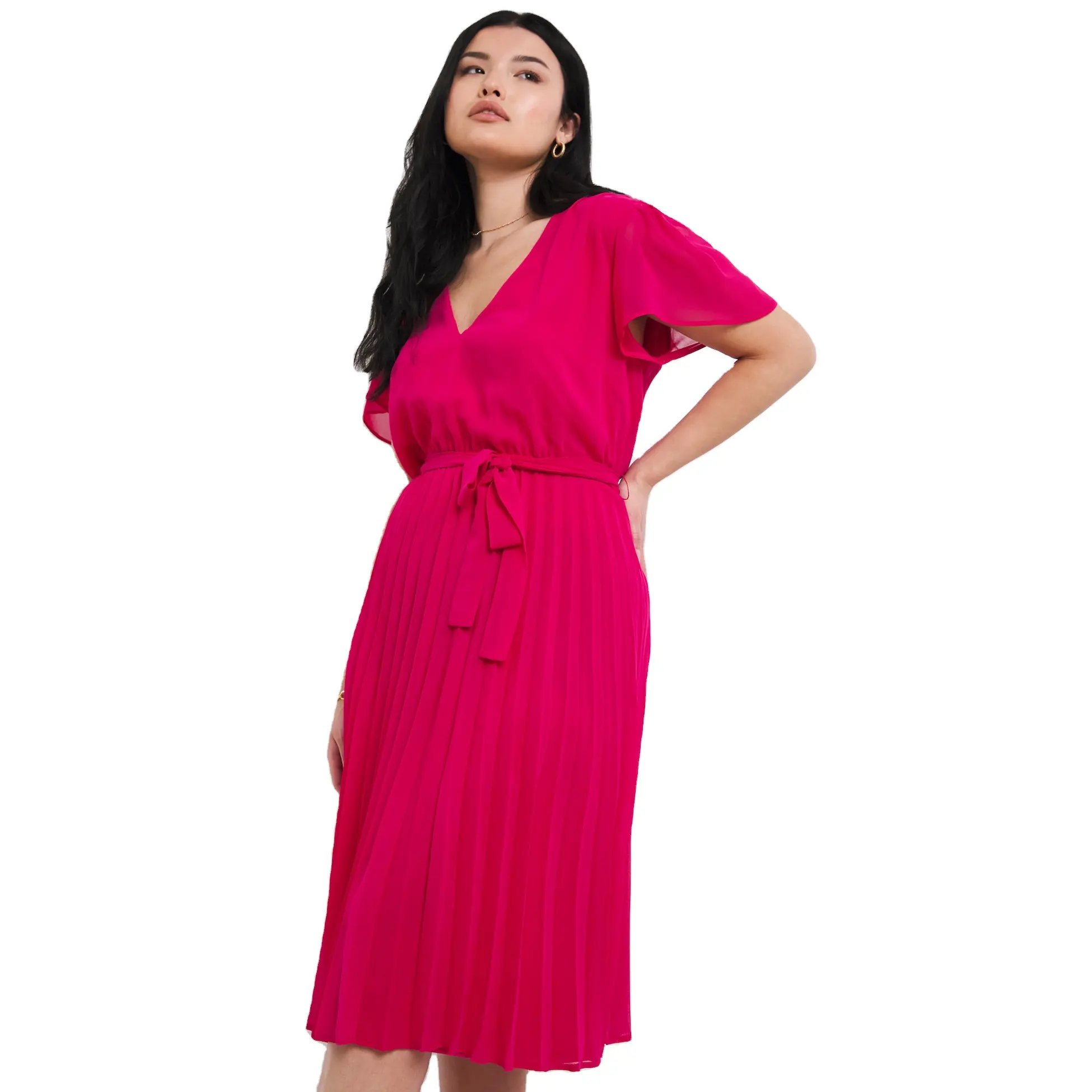 OEM ODM-vestido Midi plisado de manga larga para mujer, vestidos informales formales rosas de gasa con manga de Ángel, venta al por mayor de Europa