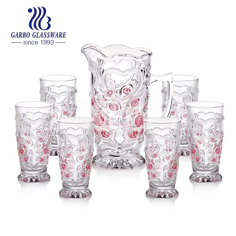 New design sprayed color 7pcs heart-shaped engraved glass drinking set glass jug set/water/juice set with 6pcs cups for home
