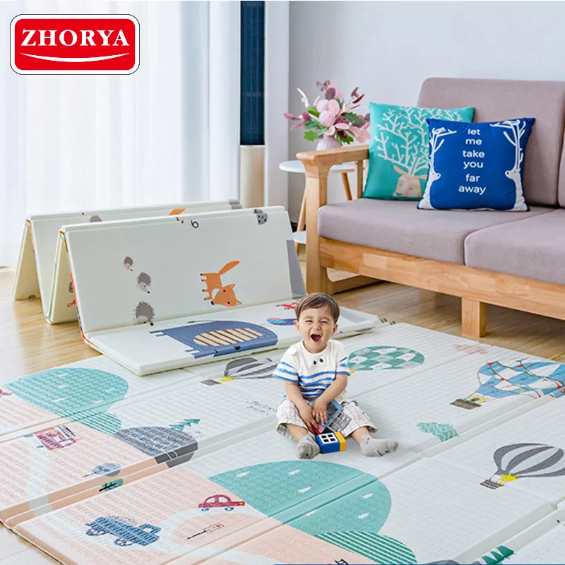 Zhorya piso dobrável de desenhos animados, tapete dobrável de atividade para cuidados com o bebê, tempo de engatinhar