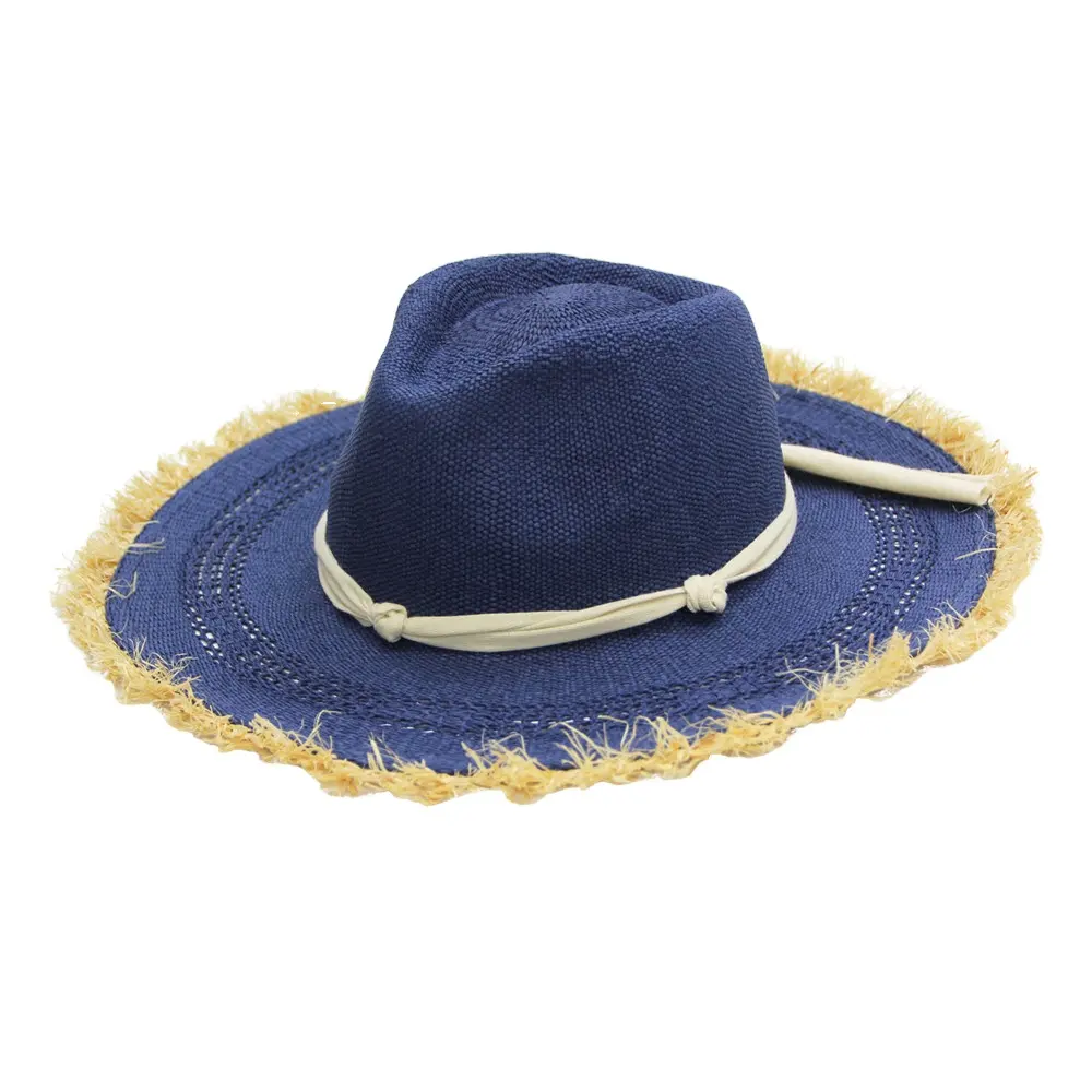 Venta al por mayor mujer verano ala grande clásico paja sol sombreros estilo elegante rafia vintage Panamá sombreros de paja con cinta cuerda