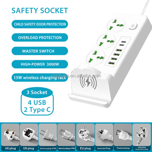工厂价格批发通用电源板，3个带usb-a和usb-c + 无线充电架的插座，延长线插座