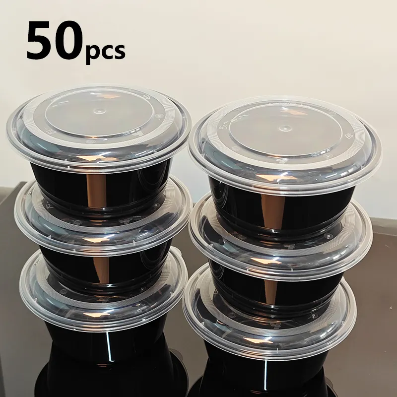 Versandfertig 37 Unzen schwarz rund Kunststoff PP-Mikrowellen-sichere Schüssel mit Deckel 1100 ml Einweg-Lebensmittelbehälter für heiße Suppe Soße