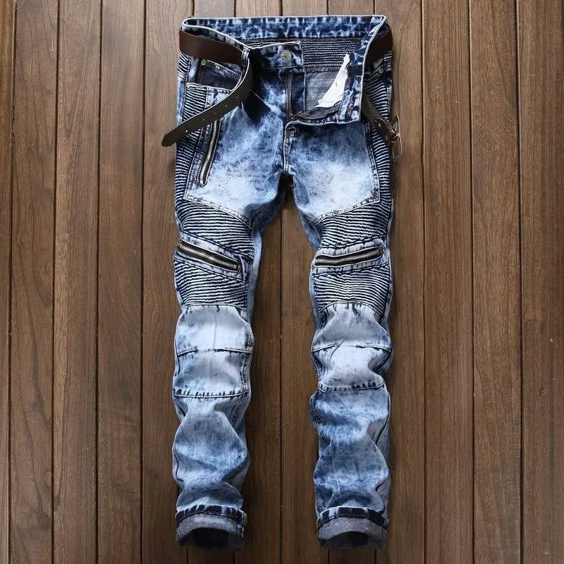Jeans da uomo Slim Fit Casual Cool Snowwash con cerniera strappati danneggiati Streetwear Punk Hole vernice pieghettata Jeans Denim