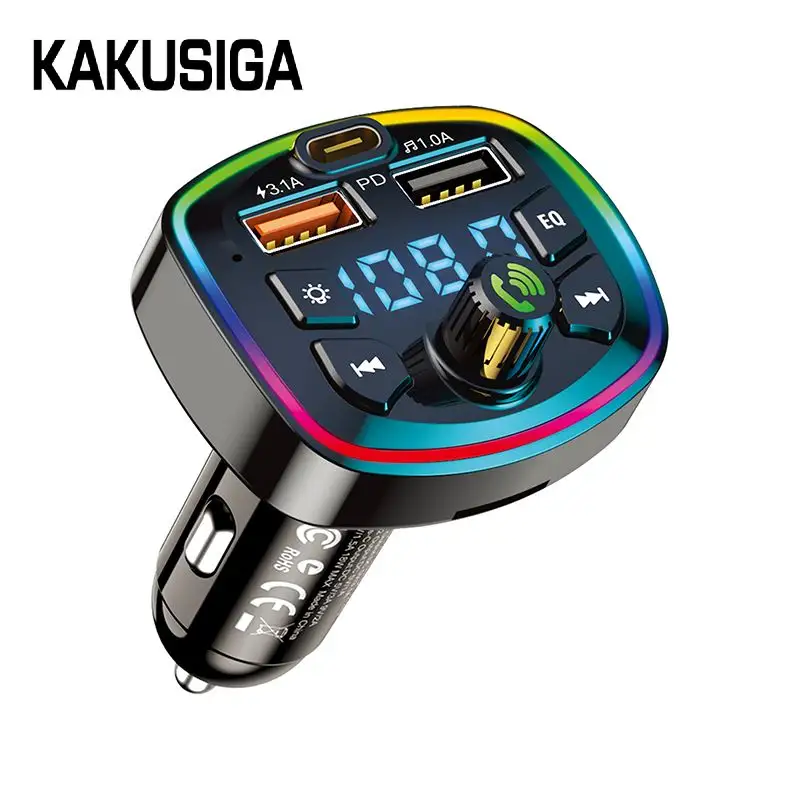 Kakusiga carregador para carros, luz colorida, carregador de carro, bt, mãos livres, música, sem fio, transmissor fm, kit de carro, mp3