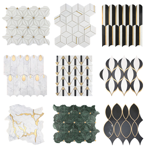 Thiết kế sang trọng màu trắng và vàng không thường xuyên nhà bếp backsplash bằng tia nước đá cẩm thạch Gạch <span class=keywords><strong>Mosaic</strong></span> với kim loại - Product Image 1