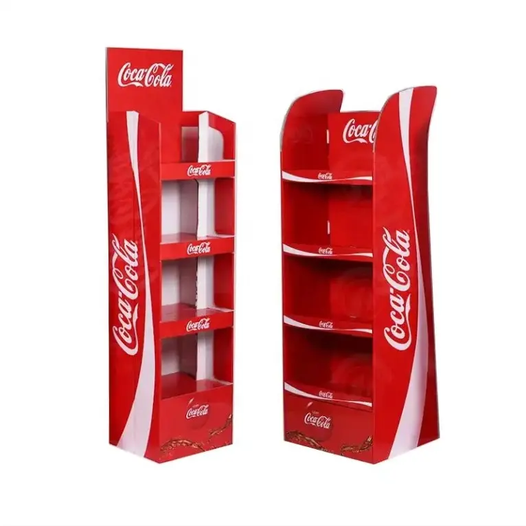 Exhibición de bebidas personalizada, publicidad, tienda minorista, soporte de exhibición de aperitivos de cartón para estante de exhibición de Coca Cola