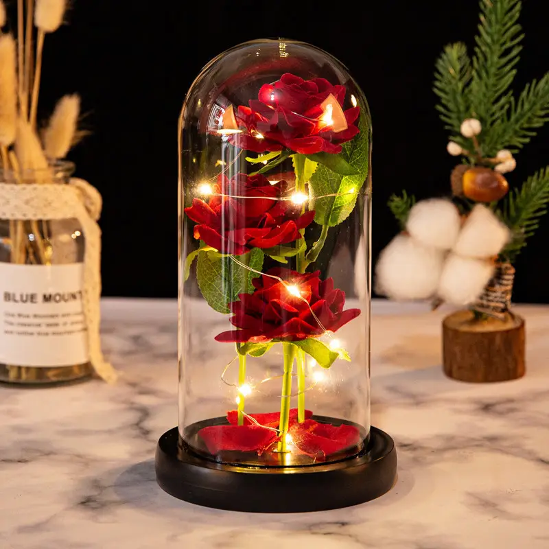 Three Preserved Flower Valentine's Day Gifts Ideas Enchanted Led Lights in Glass Dome Eternal Rose Ornaments