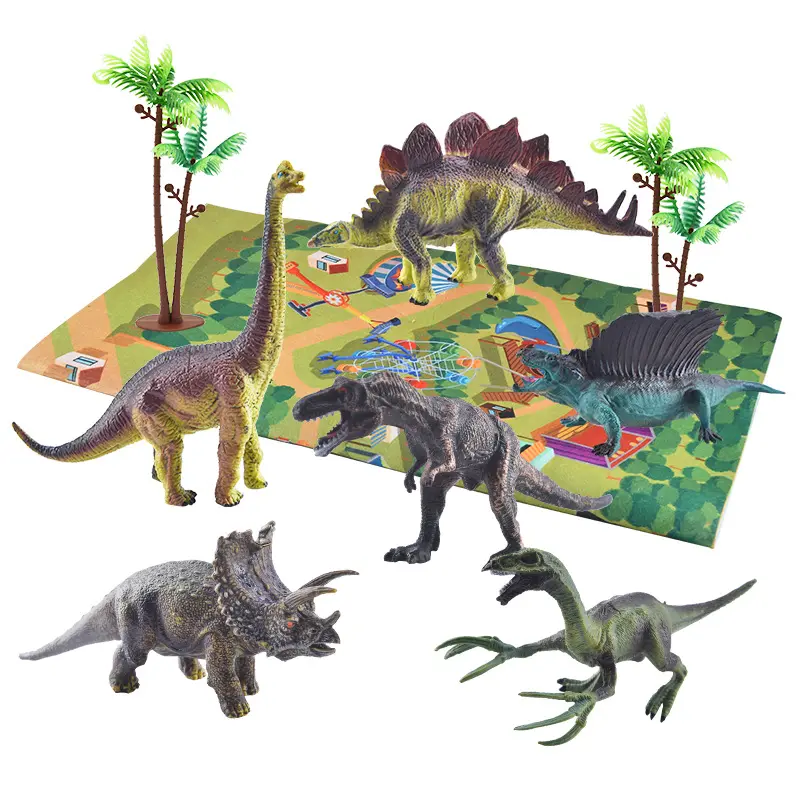 Boneco realista de dinossauro, conjunto para criar um dinossauro 3d, figura com atividades de brincar, tapete e árvores de brinquedo de dinossauro de borracha