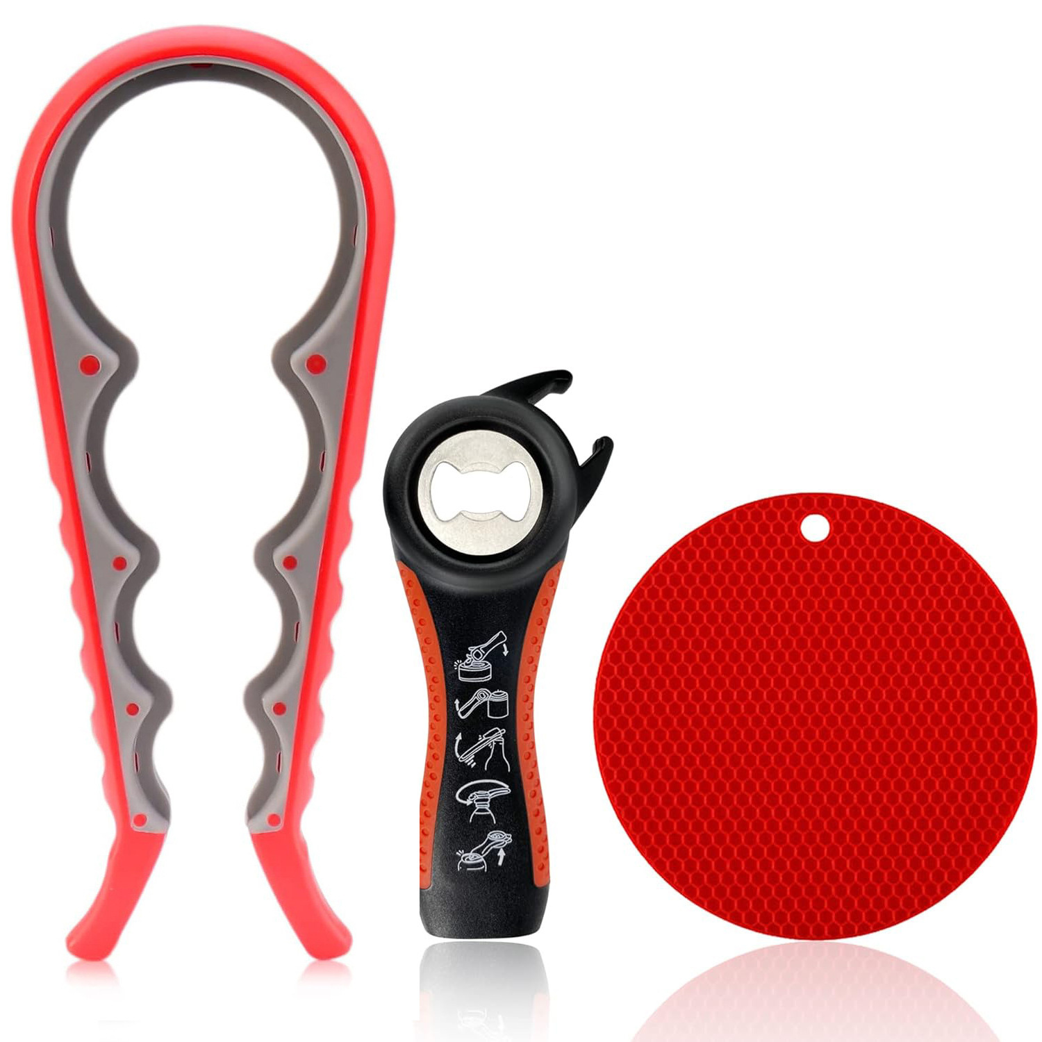 Red and gray bottle opener, black and red can opener, red pad