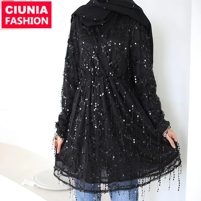 2243 # 인기있는 패션 우아한 빛나는 스팽글 이슬람 블라우스 겸손한 여성 긴 소매 탑 & 블라우스 레이디 셔츠