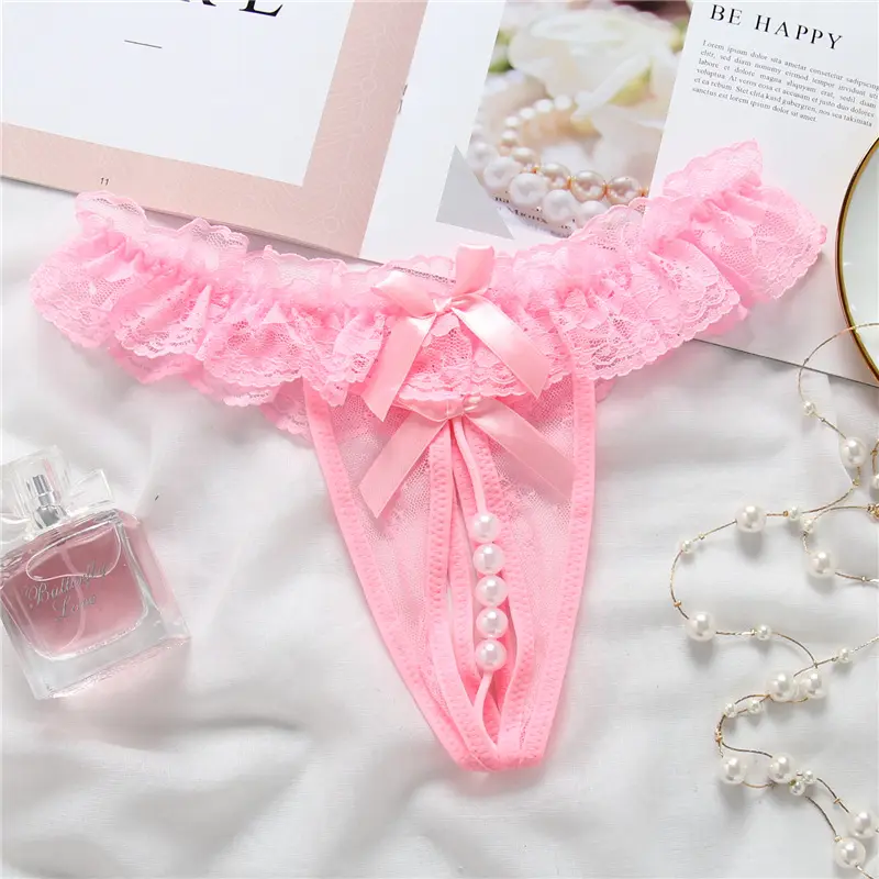 Calcinha de lingerie sexy para mulheres com abertura de renda e cordão G, tanga pérola transparente, roupa íntima feminina, calcinha de tentação erótica
