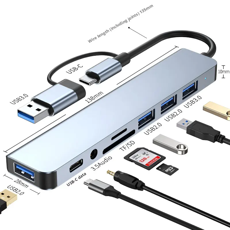 อะแดปเตอร์8-in-1ฮับ USB 3.0แบบหลายพอร์ตตัวแยกสัญญาณ5W PD USB ฮับ C HUB พร้อมตัวอ่านการ์ดอะแดปเตอร์8 in 1 USB-C