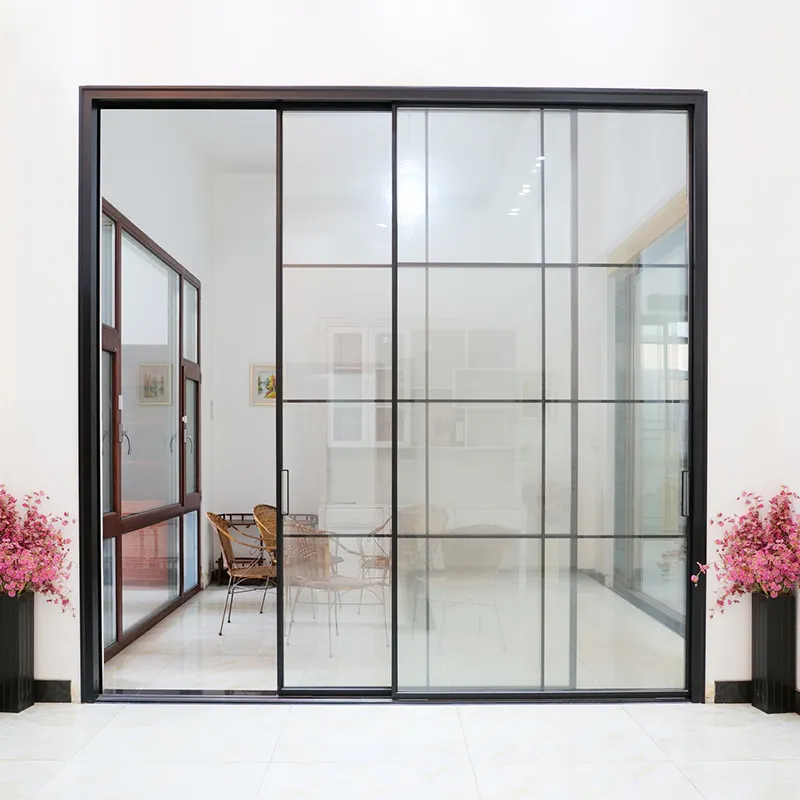 Puertas correderas de aluminio para Interior de puerta francesa, divisor de pared de Marco Delgado negro para oficina y sala de estar