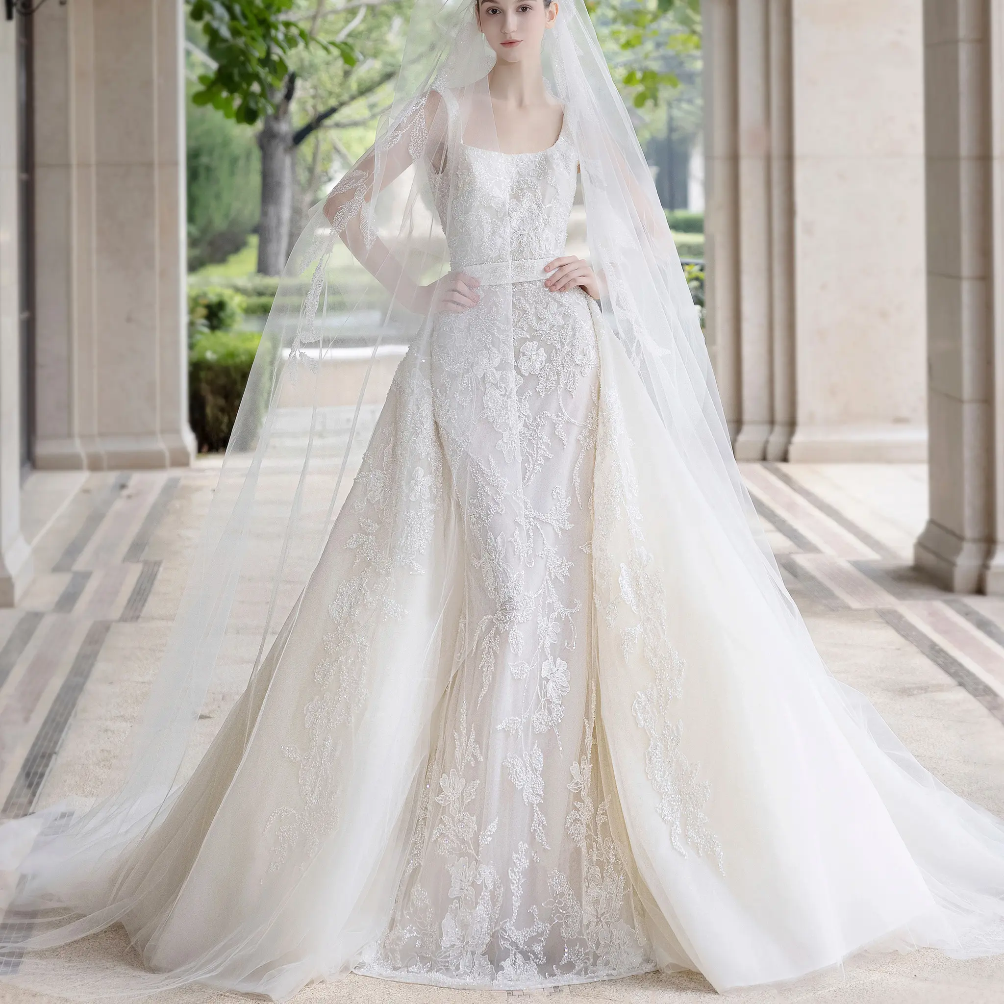 Mode Trompete Spitze Applikation Hochzeit Braut Kleid mit abnehmbaren Zug von der Schulter Meerjungfrau Brautkleider